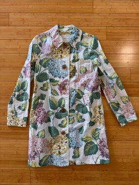 Anthropologie Floral Hydrangea Trench Coat - White with Green, Pink & Blue